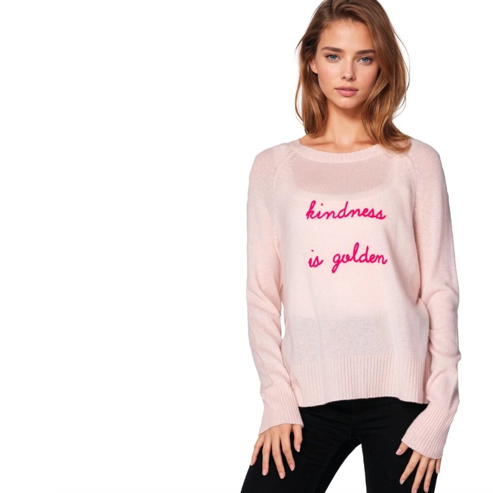 Golden Sun Hand Embroidery Cashmere Crew Sweater Petal with Fuchsia, M/L
